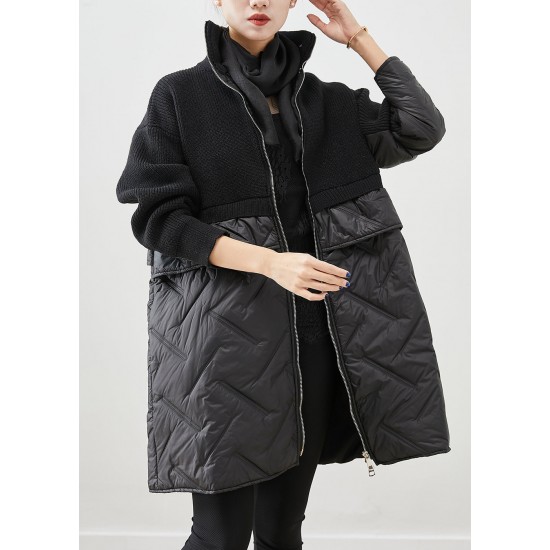 Women Black Zip Up Patchwork Fine Cotton Filled Knit Coat Winter