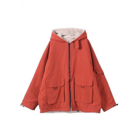 Fashion Orange hooded zippered Pockets Loose Winter parkas Coat