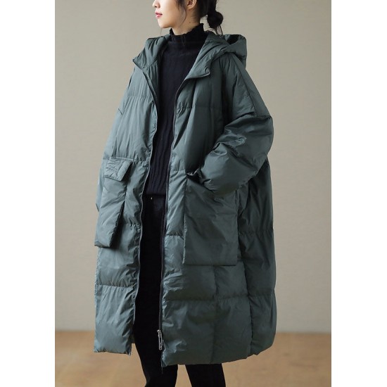 Plus Size Green hooded Zippered Pockets Winter Down Coat Long sleeve
