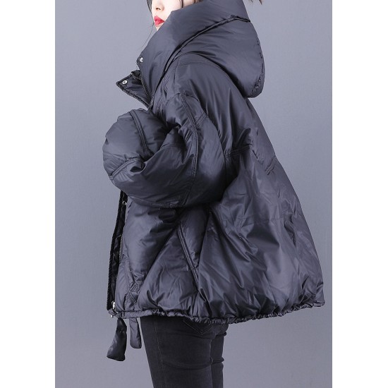 Beautiful Black hooded Loose zippered Warm Winter Duck Down Jacket