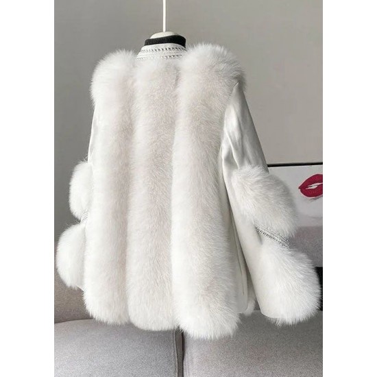 Stylish White V Neck Patchwork Mink Hair Coats Winter