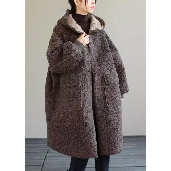 Women Blue Hooded Button Faux Fur Winter Coat