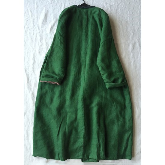 Women Green V Neck Button Cotton Filled Parka Long Coats Winter
