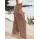 Leisure Solid Shirring Pocket Wide Leg Cotton Pants