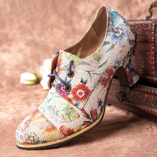  Fresh Natural Flowers Leaves Printed Comfy Wearable Chunky Heel Women Casual Lace Up Pumps