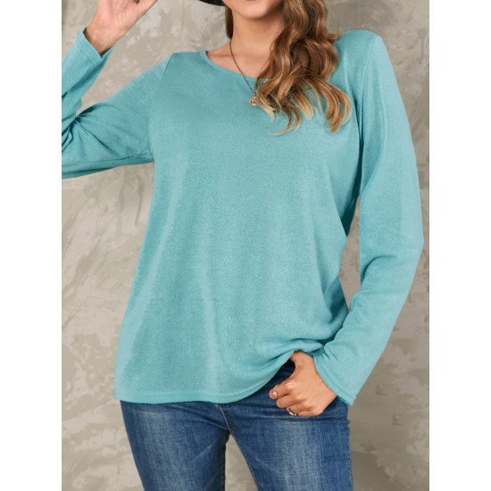 Women Solid Color Basic Designed Pleats V  Neck Long Sleeve Casual Blouses