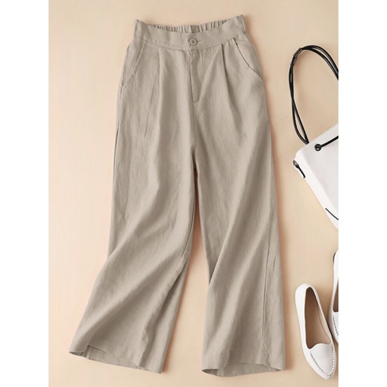 Solid Elastic Waist Pocket Button Wide Leg Pants