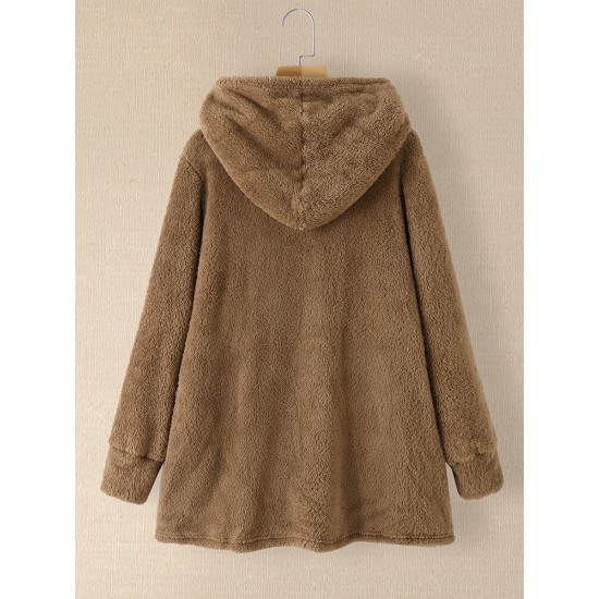 Women Plush Coat Open Front Side Pockets Casual Hooded Sweatshirt