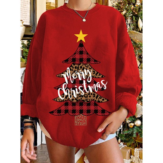 Women Christmas Tree Printed Letter Round Neck Casual Pullover Sweatshirt