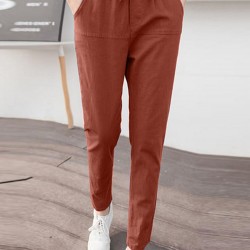 Solid Pocket Drawstring Elastic Waist Casual Tapered Pants