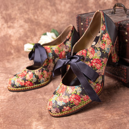  Women Elegant Graceful Little Flowers Printed Comfy Wearable Lace Up Stitching Chunky Heel Pumps