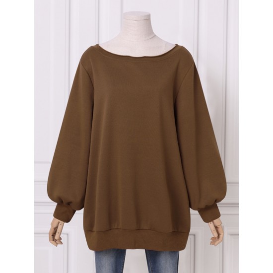 Women Puff Sleeve Solid Thick O  Neck Preppy Homely Sweatshirt